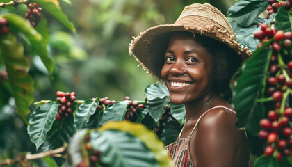 Young African black woman in straw hat standing next to bushes with red coffee berries, picker farmer working at planation. Generative AI