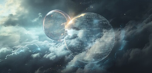 A cloud enveloped in a digital bubble that refracts light into binary code, illustrating the...