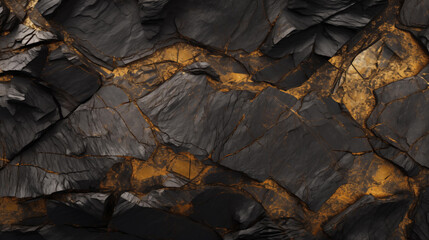 Rough dark stone texture with cracks and gold flecks. Dark background.