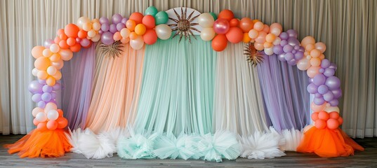 Fototapeta premium Colorful balloon adorned children s photo zone for festive events and celebrations