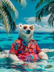 A white polar bear enjoys the warm tropical waters, conceptual image about global warming