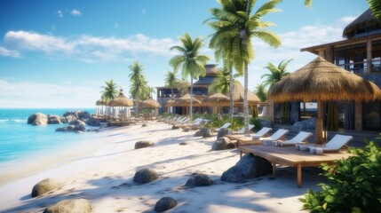 A beach resort with thatched roof cabanas, sun loungers and palm trees on the white sand shore of an island