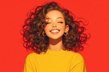 Attractive woman laughing in bold colors against a solid background