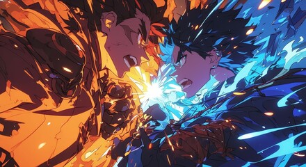 A vibrant anime-style battle scene between two characters, one with spiky hair and the other in dark blue tones, set against an abstract background