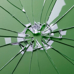 broken glass on a green background with a hole - obrazy, fototapety, plakaty