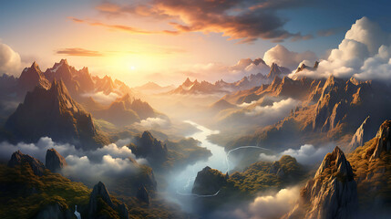 A high-altitude view of a cloud inversion in a mountain range at sunrise, with peaks emerging like islands in a sea of clouds, and the sun casting a warm, golden light over the surreal landscape. - Powered by Adobe