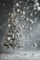 Naklejka premium silver christmas tree with silver glass baubles and silver flying confetti