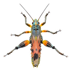 top view of a colorful grasshopper nymph isolated on a white transparent background