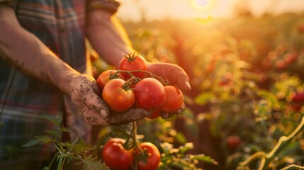 A farmer holding fresh tomatoes during sunset
