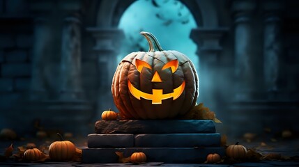 Eerie Night Setting: Scary Halloween Jack O Lantern in Haunted Castle