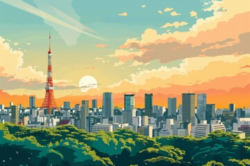 Illustration of Tokyo City in Japan with vibrant colors