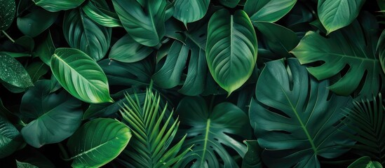 A layout featuring creative tropical green leaves with space for text. Represents the concept of spring in nature. Displayed in a flat lay style.