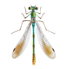 top view of a vibrant damselfly nymph isolated on a white transparent background