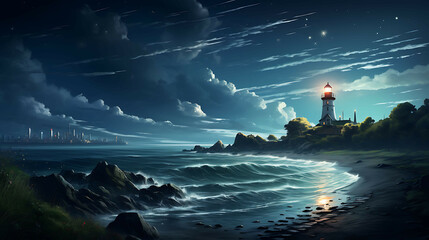 A moonlit path on a quiet beach, where the full moon casts a silver light across the sand and the gentle waves, leading to a distant lighthouse standing sentinel over the serene night scene.