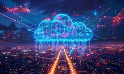 A futuristic cityscape illuminated by data streams from the cloud above