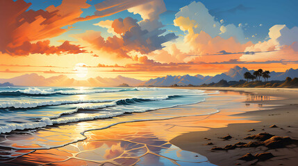A panoramic scene of a secluded beach at sunset, where the sky transitions from blue to deep orange, and the calm ocean mirrors the colors and the silhouette of a distant mountain range.