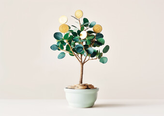 Coins growing on small plant in a pot. Money grows at tree concept. Generative AI	