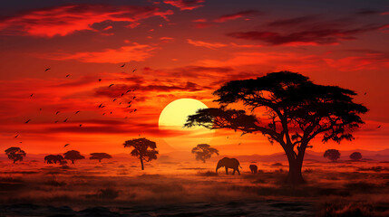 A panoramic view of a sprawling savanna at sunset, with acacia trees silhouetted against the orange...