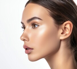 Fototapeta premium A stunning model exhibiting clear, smooth skin and healthy facial features, set against a white background, ideal for cosmetic advertisement