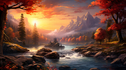 A panoramic view of a vast, tranquil river meandering through a dense forest, with the sun setting behind the mountains, casting a spectrum of pinks and oranges across the sky and water.