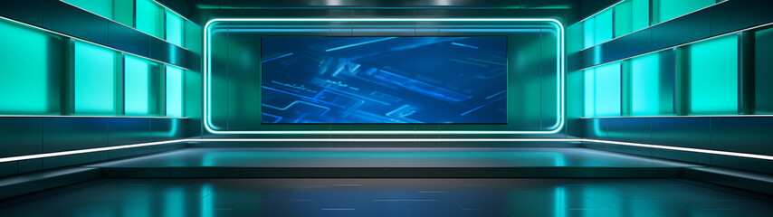 Blue Futuristic Interface Room with High-Tech Design Elements