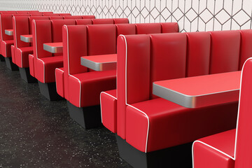 Row of red cafe double booth next to a wall of white diamond shaped tiles on black floor with white spots. Illustration as the concept of fast food restaurant, and food and drink catering service