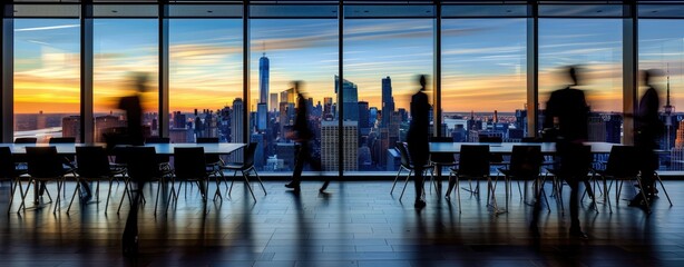 Conference room with long table, chairs, city skyline view