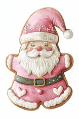 cute gingerbread cookie shaped like Santa Claus complete with a pink hat and white beard, decorated in pink and white icing details, watercolor clipart, pastel pink tone colors, perfect for nursery
