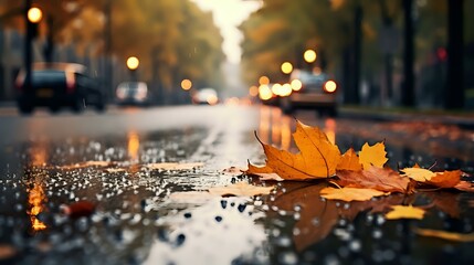 Autumn Rain: Leaves Blanket City Streets in Serene Fall Scene
