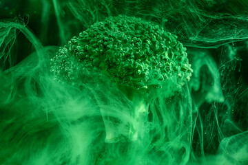 Fresh broccoli with a cloud of green color paint on black background. Artistic nutrition concept. Science of food action photography.