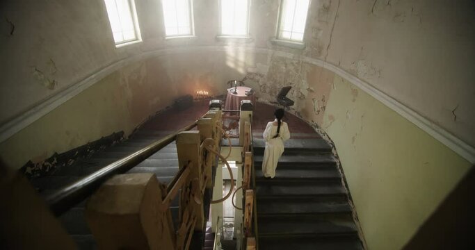 Ethereal Ascent: Woman in White in an 18th Century Castle