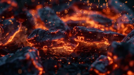 Glowing embers and sparks close-up in a dark environment.