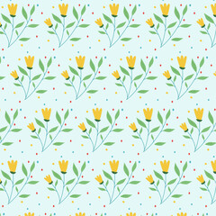 Seamless soft patttern with yellow flowers, green leaves for wrapping, holidays, packaging, wallpapers, notebooks, fabrics