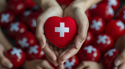 Hand hält ein Herz von deutschen roten Kreuz internationaler Tag 4. Mai geöffnete Hände halten rotes Herz mit weißem Kreuz Generative AI  - obrazy, fototapety, plakaty