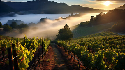 A serene, foggy morning in a hillside vineyard, where the rows of vines disappear into a soft,...