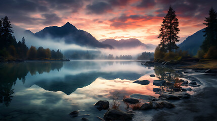 A serene lakeside at dawn, where the still water perfectly mirrors the surrounding mountains and the vibrant colors of the sunrise, with mist gently rising from the surface. - Powered by Adobe
