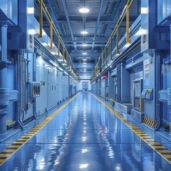 Cold, blue toned depiction of an ice cream factory with production lines and freezing tunnels, suitable for food processing industry insights.