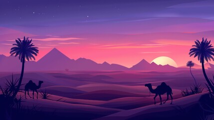 Fototapeta premium illustration of Landscape a camel in the desert at sunset.