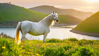 horse in the meadow, Grazing Pony, early morning. Thoroughbred Horses Grazing at Sunset, The bay...