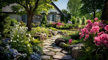 Nature's Charm: Stone Pathway through Blooming Perennials in Cottage Garden