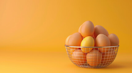 Fresh chicken eggs in metal basket,copy space
