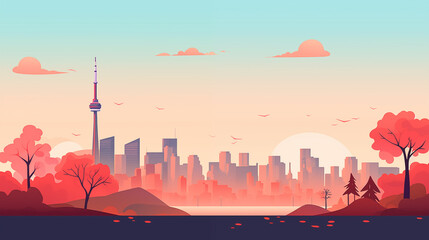Naklejka premium Toronto city skyline during a vibrant sunset. Beautiful Panorama view. Flat modern illustration style.