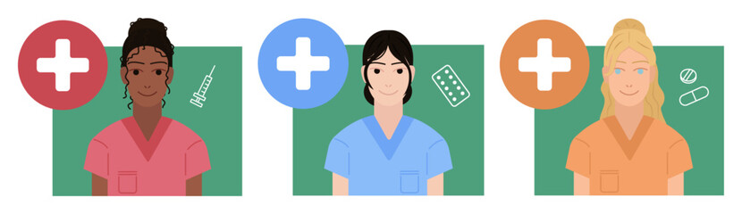 Set of asian, black, blond female nurse with white crosses, different colors of clothes on green background for icons, profiles, stickers, wallpapers