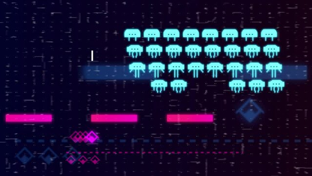 CGI screen of 8 bit space shooter game interface with battling swarms of aliens