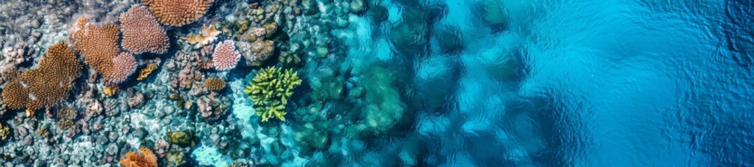 Aerial View of Vibrant Coral Reef Bordering Deep Blue Ocean