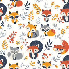 Obraz premium cute raccoon cartoon seamless pattern, 2d illustration