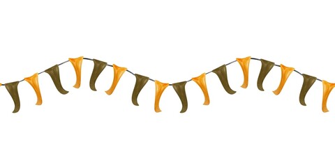 Flags garland, seamless border. Hand drawn watercolor illustration isolated on white background. Halloween cards, invitations, labels, banners, flyers - obrazy, fototapety, plakaty