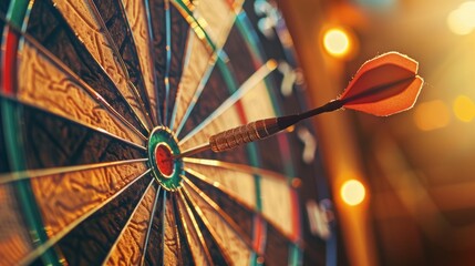 Dart hitting the center of a target on a dartboard, highlighted by ambient lighting in a pub setting, symbolizing precision and goal achievement.