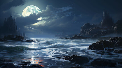 A thunderous, moonlit seascape where towering waves crash against the cliffs, and the moon's...