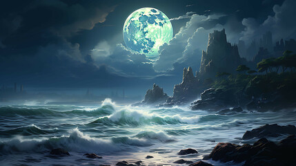 A thunderous, moonlit seascape where towering waves crash against the cliffs, and the moon's...
